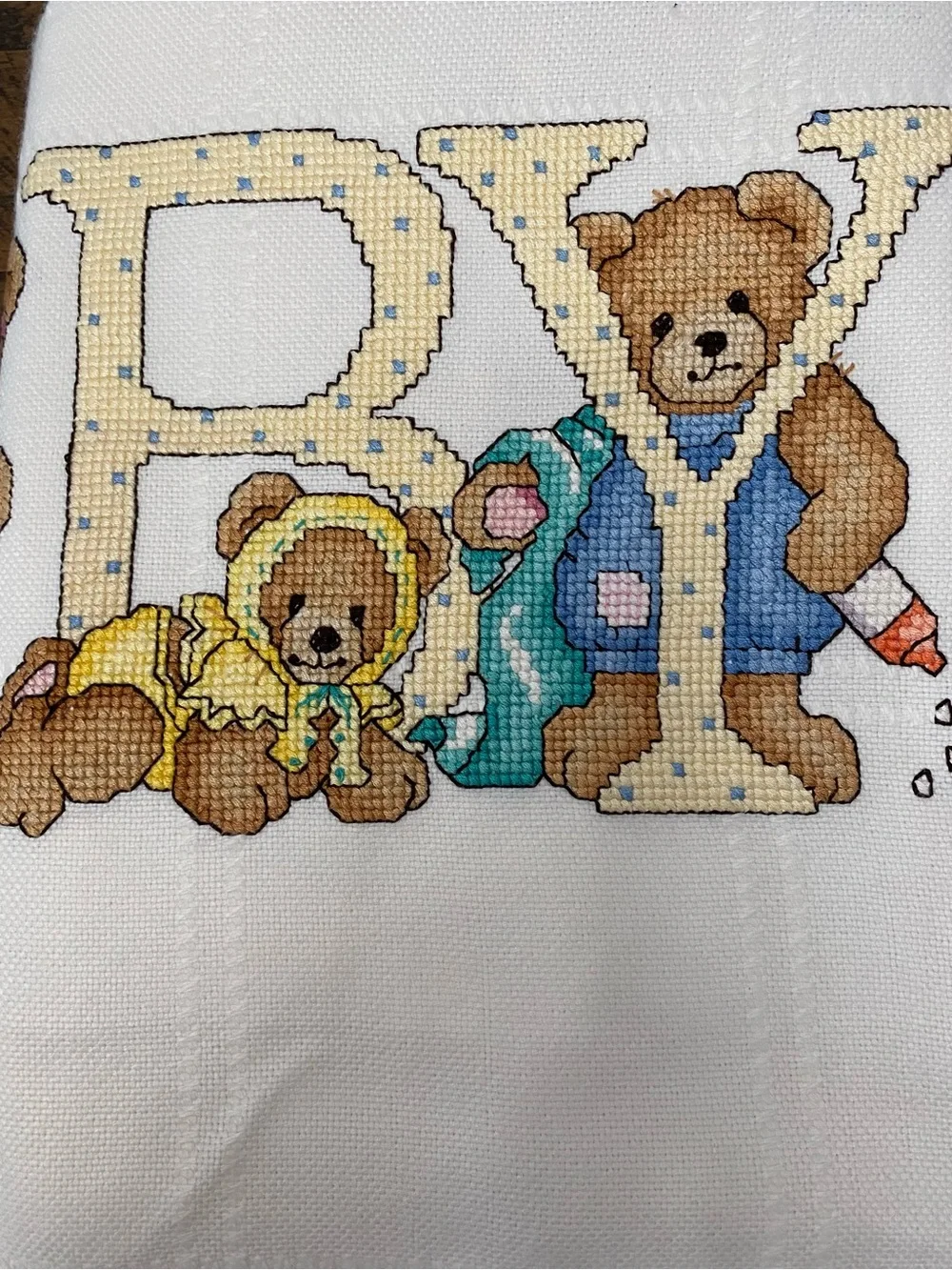 Vintage Handmade Cross Stitch Teddy Bear Baby Blanket Afghan White Fringed